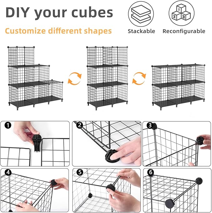 AWTATOS Wire Cube Storage Organizer, Closet Organizers and Storage, Metal 6 Cube Storage Shelves Bookshelf, Portable Closet Clothes Organizer for Bedroom, Home, Office, Black