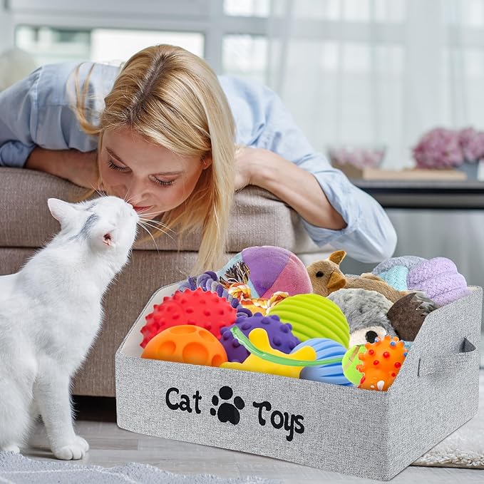 Cat Toy Bin, Large Capacity Cat Toy Basket, Foldable Fabric Dog Toy Storage Box, Trapezoid Pet Supplies Organizer Boxes with Handles, Pet Toy Basket for Cat Dog Toys Snacks Clothes(grey,Style 2)