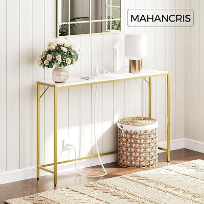Console Table, Narrow Sofa Table, 43.3” Entrance Table with Power Station, Behind Couch Table, Simple Style, for Living Room, Hallway, Entryway, Foyer, Marble and Gold CTJM112E01