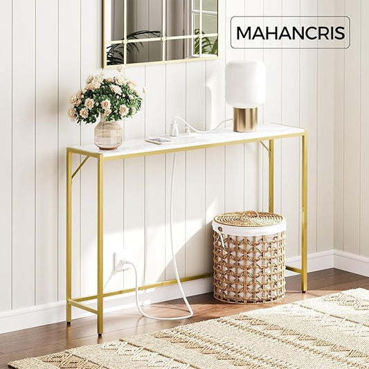 Console Table, Narrow Sofa Table, 43.3” Entrance Table with Power Station, Behind Couch Table, Simple Style, for Living Room, Hallway, Entryway, Foyer, Marble and Gold CTJM112E01