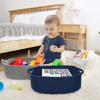 ABenkle Small Storage Basket with Handles, Cotton Rope Woven Dog Cat Toy Bin, Decorative Shelves Closet Organizing for Nursery Laundry Bedroom Bathroom, 14.2''x 11''x 5.1''