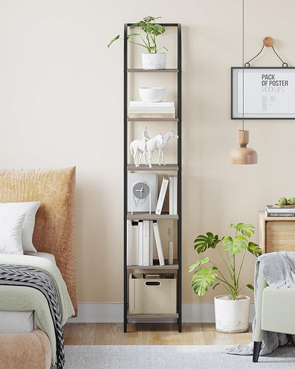 Bookshelf Bookcase Narrow Bookcase Shelf Organizer with Steel Frame for Study Living Room Bedroom Kitchen Home Office Industrial Bookshelf 6-Tier Greige BC56005B