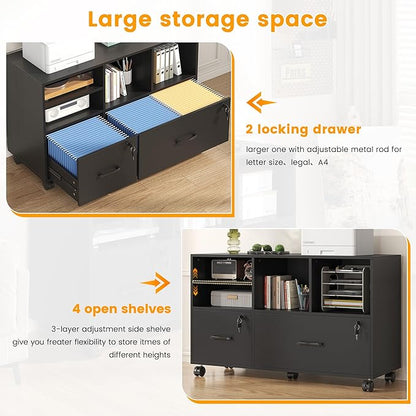 2 Drawer Wood Mobile Large Lateral File Cabinet, Lockable Rolling Filing Cabinet with Storage Shelves, Printer Stand Office Storage Cabinet for Home Office Fits Files Legal/A4, Black