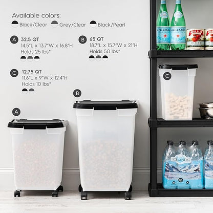 IRIS USA 25 Lbs / 32.5 Qt WeatherPro Airtight Pet Food Storage Container with Removable Casters, for Dog Cat Bird and Other Pet Food Storage Bin, Keep Fresh, Translucent Body, Pearl/Black