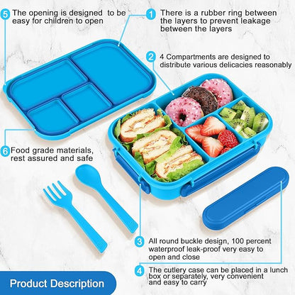Lunch Box Kids,Bento Box Adult,Leakproof Lunch Containers for Adults/Kids/Toddler,1200ML-4 Compartments bento Lunch box with Utensil,Microwave & Dishwasher & Freezer Safe (Blue)