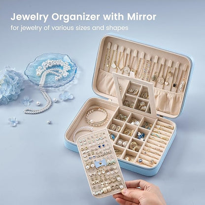 Lolalet Travel Jewelry Case for Women Girls, Travel Jewelry Organizer Box with Mirror & Clear Storage Bag, Small Portable Earring Necklace Bracelet Ring Case, Birthday Valentine Gifts -Large, Blue