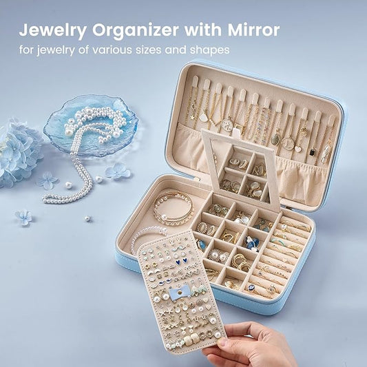 Lolalet Travel Jewelry Case for Women Girls, Travel Jewelry Organizer Box with Mirror & Clear Storage Bag, Small Portable Earring Necklace Bracelet Ring Case, Birthday Valentine Gifts -Large, Blue