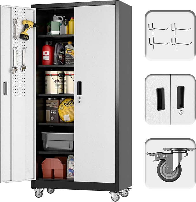 Garage Storage Cabinet with 5 Adjustable Shelves, 71" Metal Storage Cabinet with Wheels and Pegboard Doors for Garage, Home, Utility Room, Black and Silvery, Assembly Required