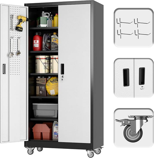 Garage Storage Cabinet with 5 Adjustable Shelves, 71" Metal Storage Cabinet with Wheels and Pegboard Doors for Garage, Home, Utility Room, Black and Silvery, Assembly Required