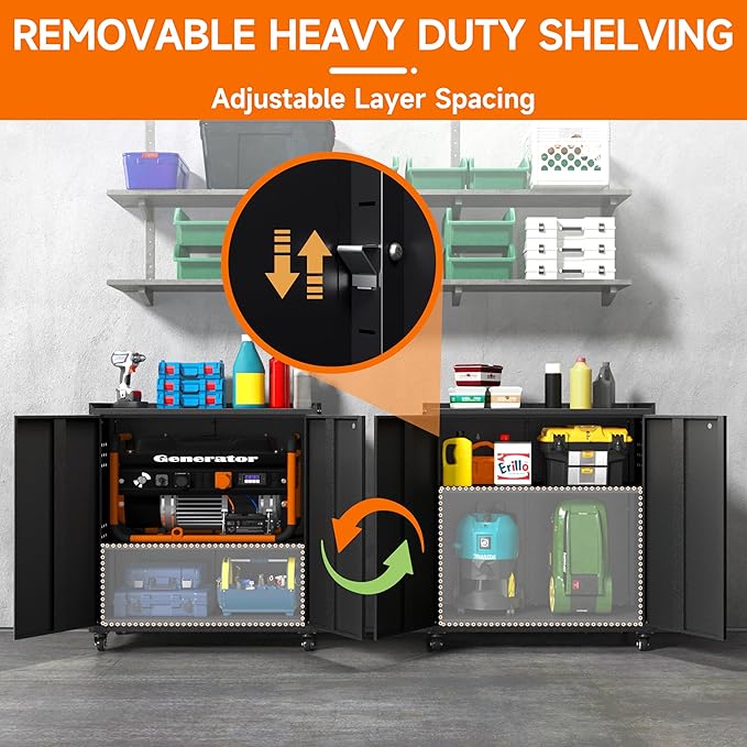 Heavy Duty Steel Metal Storage Cabinet with Wheels, Locking Doors and Adjustable Shelves - Black, Ideal for Garage, Warehouse, Office, School, Home