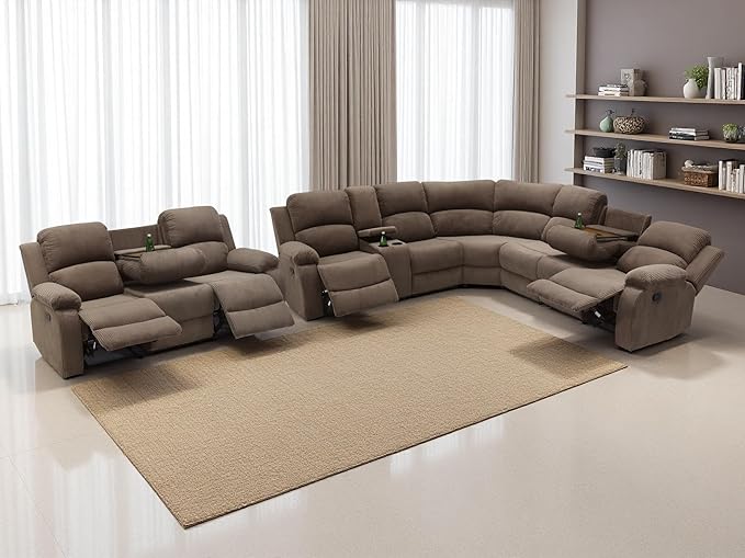 4PCS Brown Reclining Sectional Sofa Set with Storage Console, Living Room Furniture Sets, Corduroy Reclining Sofa with 4 Recliner Seats, Drop-Down Table, Cup Holders for Living Room, Bedroom