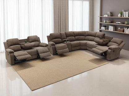 4PCS Brown Reclining Sectional Sofa Set with Storage Console, Living Room Furniture Sets, Corduroy Reclining Sofa with 4 Recliner Seats, Drop-Down Table, Cup Holders for Living Room, Bedroom