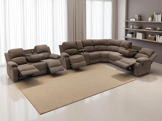 4PCS Brown Reclining Sectional Sofa Set with Storage Console, Living Room Furniture Sets, Corduroy Reclining Sofa with 4 Recliner Seats, Drop-Down Table, Cup Holders for Living Room, Bedroom