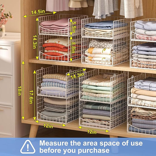 4-Tier Stackable Closet Organizers and Storage Shelves, Foldable & Mutifunctional Clothes Storage Basket Sweater Organizer Bins Container for Wardrobe Kitchen Office Bathroom, White