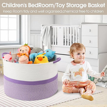 Large Cotton Rope Storage Basket, 20''x13'' Woven Laundry Hamper for Living Room, Nursery, Toys, Blanket Organization with Handles (White and Purple)
