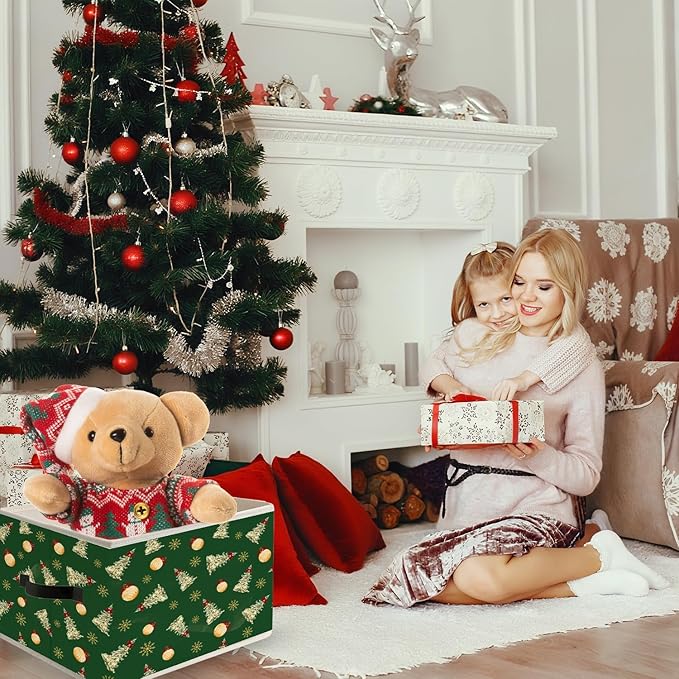 Green Christmas Tree Storage Bin Box with Handles, Snowflake Red Bow Bauble Ball Holiday Winter Christmas Foldable Organizer Basket Toybox for Home Bedroom Bathroom Clothes Toys Books