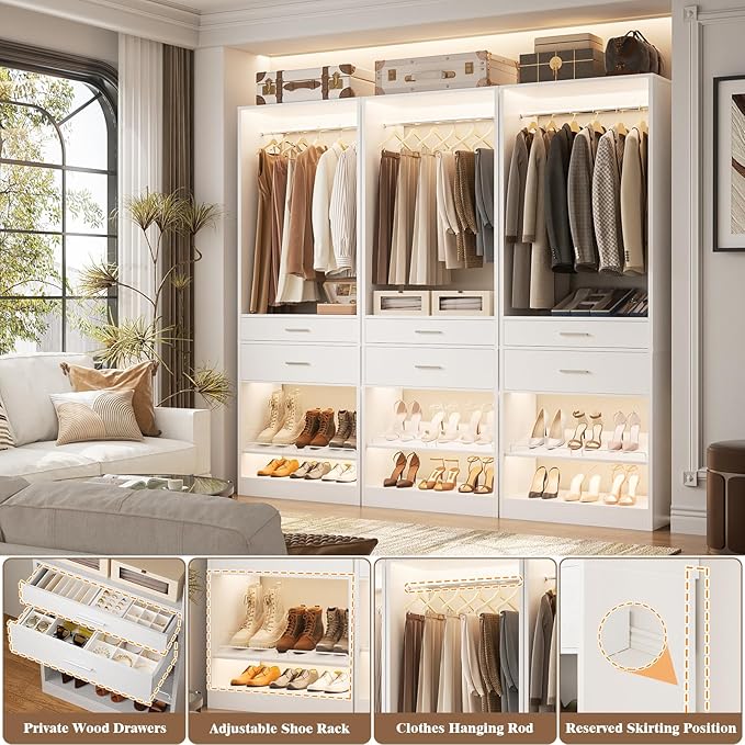 Unikito 25” W x 80'' H Closet Organizer Storage with Hanging Rod and 2 Wooden Drawer, Adjustable Angled Shoes Rack, Sturdy Garment Racks, Walk-in Closet Tower for Bedroom, Mudroom, and Entryway, White
