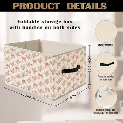 Coquette Pink Bow Rose Floral Storage Bin Box with Handles, Vintage Shabby Chic Cottagecore Pink Flower Foldable Organizer Basket Toybox for Girls Bedroom Bathroom Clothes Toys Books