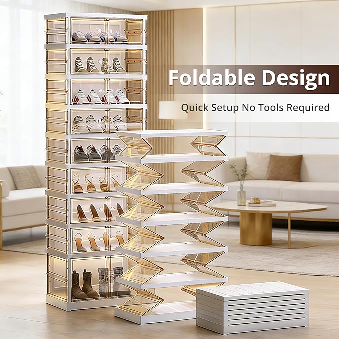 Foldable Collapsible Shoe Box Organizer Rack – 9 Tier Stackable Clear Sneaker Storage Boxes with Lids, Folding Shoe Cabinet Shelf, Plastic Portable Storage Bins with Easy Assembly for Closet Entryway