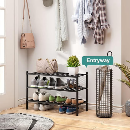 3-Tier Black Bamboo Shoe Rack for Entryway, Stackable | Foldable | Natural, Shoe Shelf Storage Organizer for Hallway Closet, Free Standing Shoe Racks for Indoor Outdoor