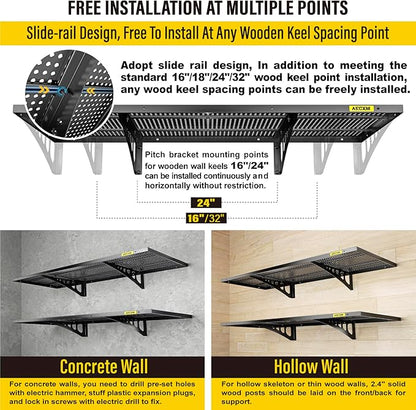 2-Pack 1.64x4ft Adjustable Garage Wall Shelving 560lbs Load Capacity Heavy Duty Wall Mounted Storage Shelf Metal Floating Shelves for Garage(Black)