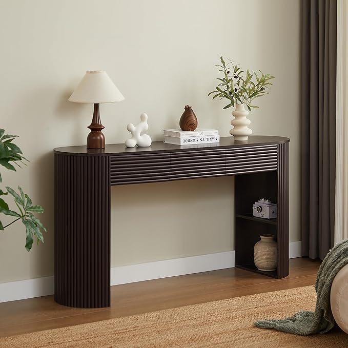 Retro Console Table with Storage, Rounded Console Table with 3 Drawers and 1 Table-Leg Niche, Round Slat Aesthetic for Entryway, Living Room, Hallway (Espresso-X306)