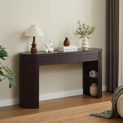 Retro Console Table with Storage, Rounded Console Table with 3 Drawers and 1 Table-Leg Niche, Round Slat Aesthetic for Entryway, Living Room, Hallway (Espresso-X306)