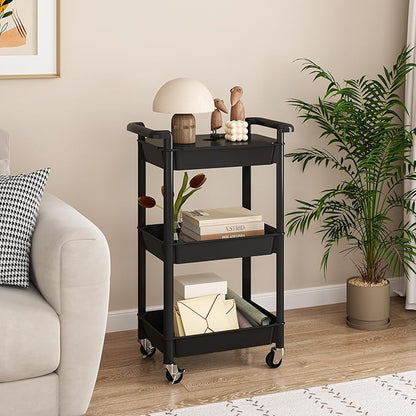 MIOCASA Utility Rolling Cart with Cover Top Board, 3-Tier Kitchen Storage Organization, Art Cart with Wheels for Office, Classroom, Livingroom, Kitchen, Bathroom (Black, 3-Tier-Plastic)