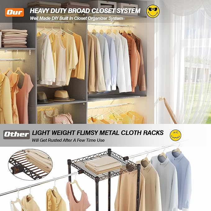 Armocity 96'' Closet System, 8FT Walk In Closet Organizer with 3 Shelving Towers, Heavy Duty Bedroom Wardrobe with 5 Shelves, Wall Mounted Clothes Rack (Can Be Cut To Fit), 96"L x 16"W x 75"H, Grey