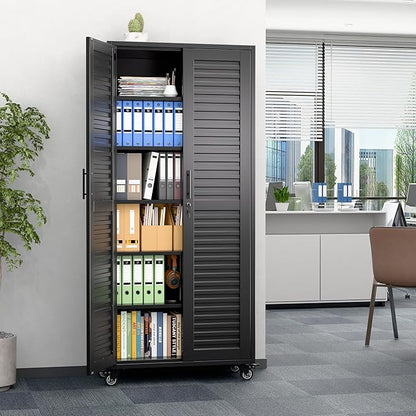 Garage Storage Cabinet with Wheels, 71" H Lockable Metal Storage Cabinet with 5 Adjustable Shelves for Garage,Warehouse, Home, Assembly Required, Black