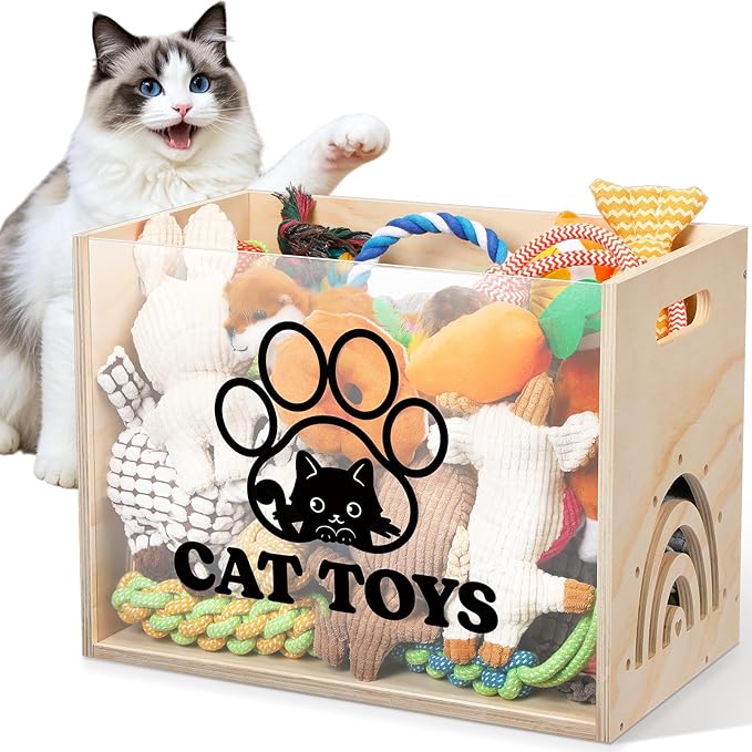 Large Cat Toy Basket Cat Toy Box Wooden Storage Bin with Acrylic Board Storage Box for Puppy Toys Pet Food and Accessories Organizer Holder Basket for Living Room Area(Wood, Cat)
