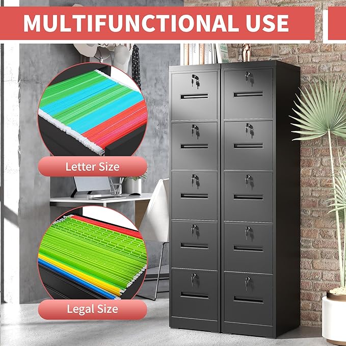 5 Drawer Metal File Cabinet with 5 Unique Locks Black Heavy Duty Locking File Cabinets Home Office Steel Filing Cabinet Vertical File Cabinets for Legal/Letter Size File,Assembly Required