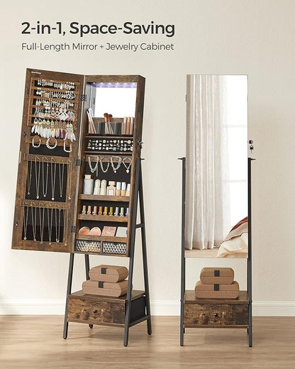 SONGMICS LED Cabinet Standing, Lockable Jewelry Armoire with Full-Length Mirror, Space-Saving Jewelry Organizer with Mirror, Bottom Drawer and Shelf, Gift Idea, Rustic Brown UJJC025X01