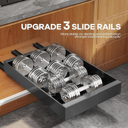 2 Pack Expandable Pull Out Cabinet Organizer 21" Deep with Raising Pad for Framed Cabinets,Upgrade 3 Slide Rails Slide Out Drawers,Roll Out Shelves Adhesive,Adjustable Width 9"-14.1" Black