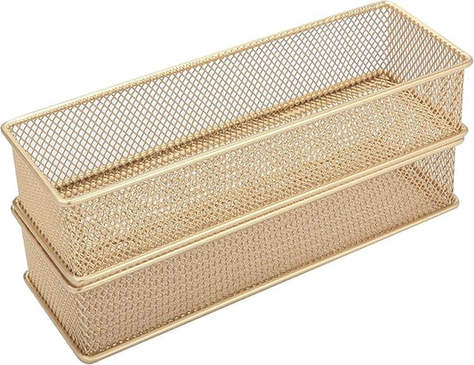 Annova Mesh Stackable Drawer Cabinet and Shelf Organizer Bins Storage Basket School Office Supply Holder Tray- Set of 2 (Gold, 3x9x2 Inch)