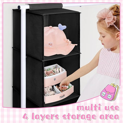 Univivi Kids Dress Up Rack with Hanging Organizer, Kids Wardrobe Closet for Hanging Clothes, Short Toddler Dress Up Storage Rack for Baby Clothes, Dance Costumes, Black/White