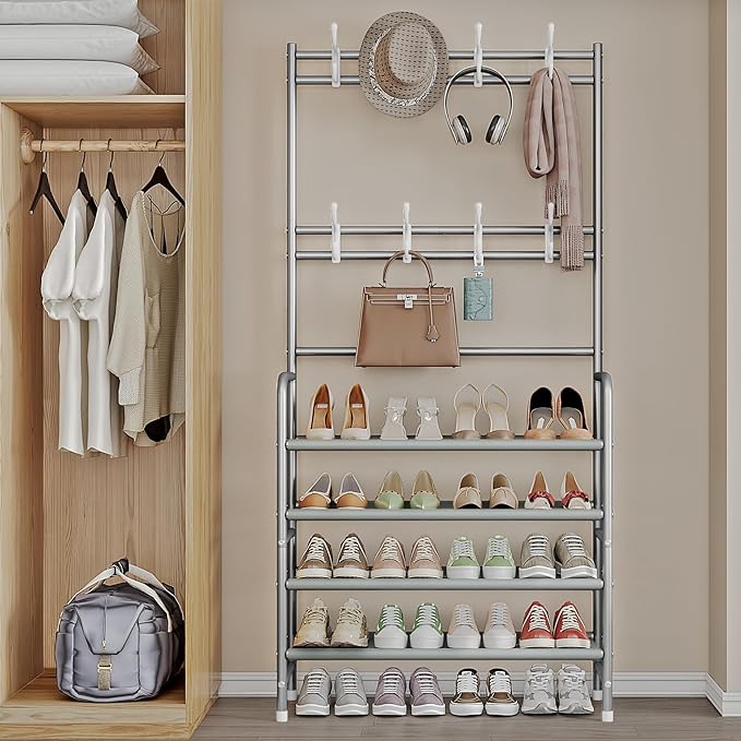 Coat Rack Shoe Rack With Storage Shelf Freestanding with 8 Hooks for Entryway Bedroom Closet 4 Tier, Grey