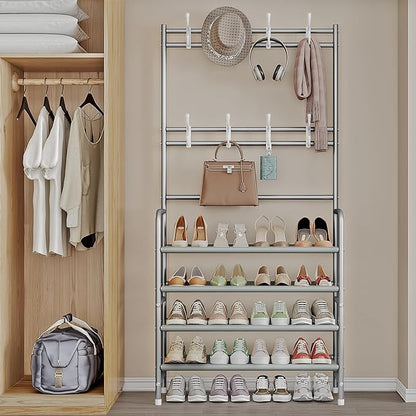 Coat Rack Shoe Rack With Storage Shelf Freestanding with 8 Hooks for Entryway Bedroom Closet 4 Tier, Grey