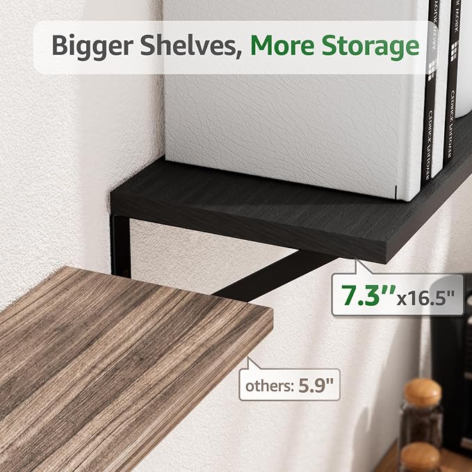 Wall Shelves 7.3" Deep Set of 2, Solid Paulownia Wood Wider Longer Sturdy Easy to Install Wall Mounted Bookshelves Storage Shelves Bathroom Home Office Laundry Room Bedroom Organizer Black