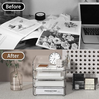 4-Tier Acrylic Paper Tray Organizer with Pen Holder | Clear Stackable Desk Organizer for Documents, Letters, A4 Paper | Modern Office/Classroom/Home Organization