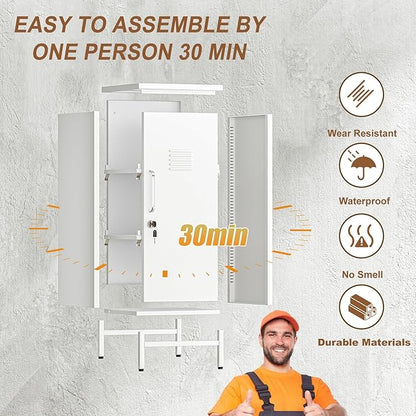 35.43" Metal Storage Locker with Lockable, Metal Steel Locker for Employees with 1 Door ＆ 2 Adjustable Shelves, Small Locker Storage Cabinets for Home, School, Office, Gym (White)