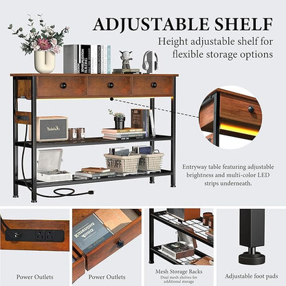 47" Narrow Console/Entryway Table with Storage & 3 Drawers & Outlets, for Sofa & Living Room, Hallway/Foyer/Couch/TV/ Aquarium Stand Table for Entryway with USB Ports, LED Light Strip,Perfect for Home