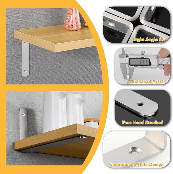 Alise Floating Shelf Brackets,L Brackets for Shelves Heavy Duty Wall Bracket Corner Brace Stainless Steel Joint Angle Bracket for Wooden Board Support,Brushed,10x6x1.2 Inch(Upgraded,Pack of 4)