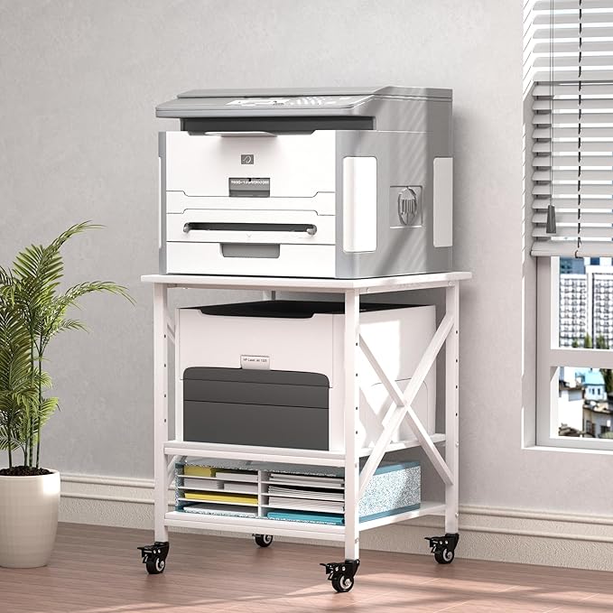Printer Stand, 23.6 x 23.6 Inches Large Printer Stand with Adjustable Storage Shelf, 3 Tier Printer Table for Home Office, Rolling Printer Cart with Industrial Wheels, Mini Fridge Stand Table, White