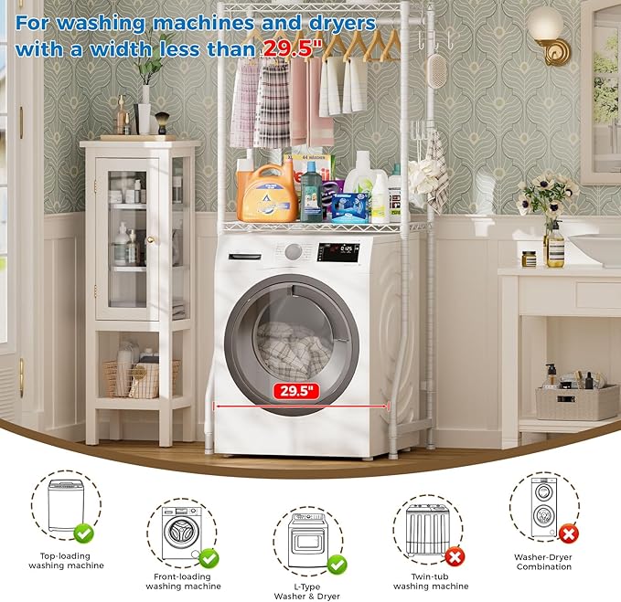 Over Washer and Dryer Shelves,2 Tier Adjustable Height Wire Shelving Laundry Room Storage Organization Clothes Drying Rack with Hanger Rod&Hooks,Space Saving Organizers Shelf,White
