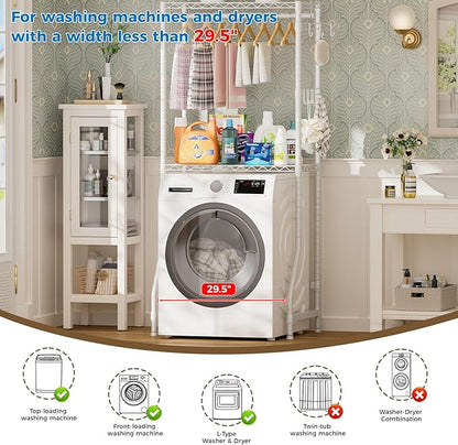 Over Washer and Dryer Shelves,2 Tier Adjustable Height Wire Shelving Laundry Room Storage Organization Clothes Drying Rack with Hanger Rod&Hooks,Space Saving Organizers Shelf,White