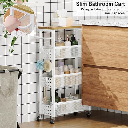 Slim Rolling Storage Cart, Laundry Room Organization and Storage Shelves for Between Washer and Dryer, Narrow Shelf Unit for Small Spaces, 4 Tier Thin Organizer Carts with Wheels for Bathroom, Kitchen