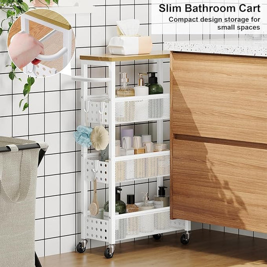 Slim Rolling Storage Cart, Laundry Room Organization and Storage Shelves for Between Washer and Dryer, Narrow Shelf Unit for Small Spaces, 4 Tier Thin Organizer Carts with Wheels for Bathroom, Kitchen