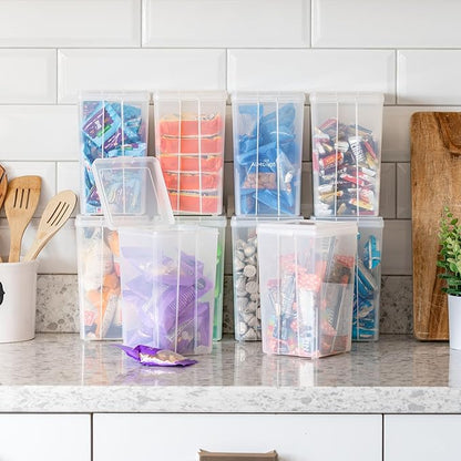 IRIS USA Vertical Plastic Flip Top Storage Containers Bins with Lids for Pantry, Home, Office, Organization, Medium, Stackable Hinged Organizer with Latches, Clear, 10 Pack