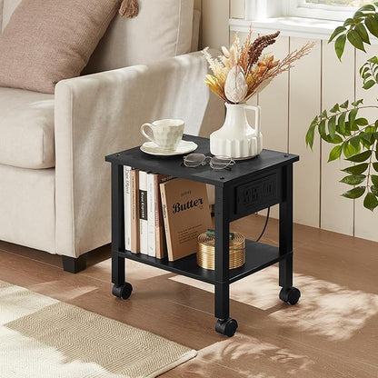 2 Tier Under Desk Printer Stand with Storage, Small Printer Table with Charging Station, Rolling Printer Cart Shelf with Lockable Wheels for Home, Office (Black)